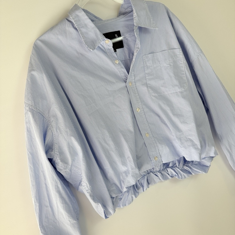 R13 Gathered Hem Shirt Light Blue Pinstripe Cropped Button Front Top $450 Retail - Picture 3 of 13